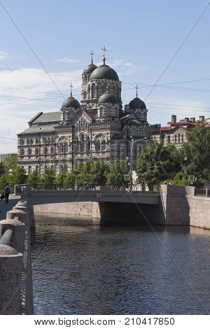 St. Petersburg, Russia - June 17, 2017: View of the Karpovsky Bridge and St. John's Stauropegial Convent in St. Petersburg