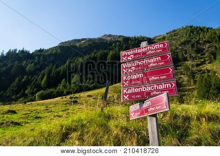 Tourist Sign Near Alpine Mountain Lake Riesachsee Near Schladming, Austria