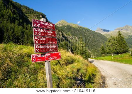 Tourist Sign Near Alpine Mountain Lake Riesachsee Near Schladming, Austria