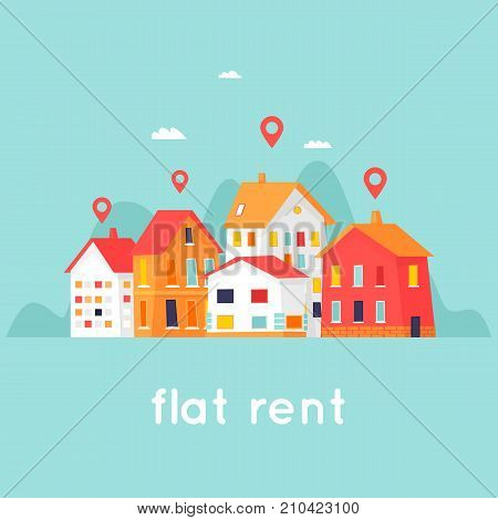 Rental of property. Cityscape. Flat design vector illustration.