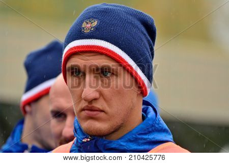 Moscow Russia - October 5 2017. Russian defender Viktor Vasin in training session before test match against South Korea in Moscow.