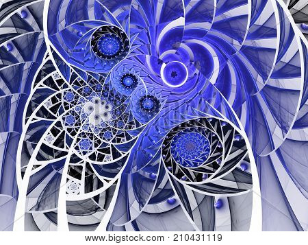 Spiral mosaic fractal pattern. Floral mosaic stain glass composition in blue
