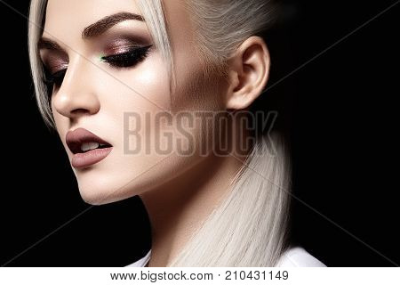 Closeup With Of Beautiful Blond Woman. Fashion Makeup, Clean Shiny Skin. Makeup And Cosmetic. Beauty