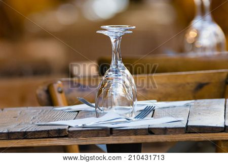Empty Wine Glasses On The Table Served For Lunch, Dinner In Cafe, Restaurant Outside Or On Terrase