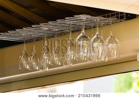 Empty Wine Glasses Ready To Be Served For Lunch, Dinner In Cafe, Restaurant Outside Or On Terrase
