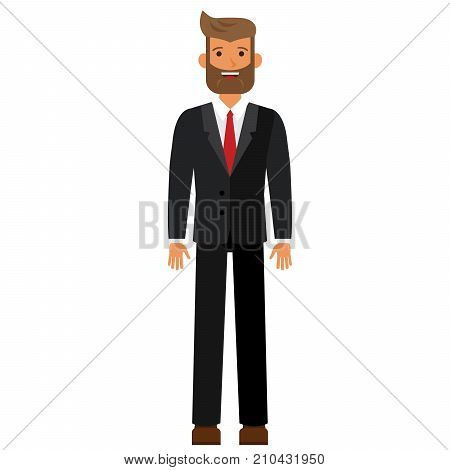 standing bearded businesman in black suti cartoon flat illustration concept on isolated vector white background