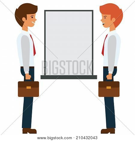 two businessmen talking near presentation board cartoon flat illustration concept on isolated vector white background