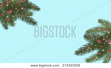 Xmas tree branchesred berries and snowflakes sparkles.Merry Christmas and Happy New Year greeting. Isolated without a shadow.Vector illustration. Eps 10.