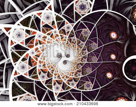 Spiral mosaic fractal pattern. Floral mosaic stain glass composition in purple and grey tone