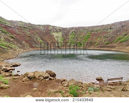 The view of volcanic crater Kerid in South Iceland July 5 2017