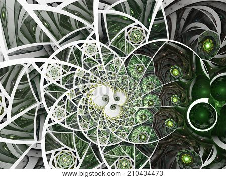 Spiral mosaic fractal pattern. Floral mosaic stain glass composition in green tone
