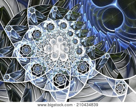 Spiral mosaic fractal pattern. Floral mosaic stain glass composition in blue