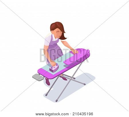 Ironing woman isometric 3d vector illustration with housewife or maid making clothes smooth with iron, washerwoman at dry cleaners