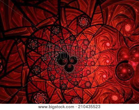 Spiral mosaic fractal pattern. Floral mosaic stain glass composition in red