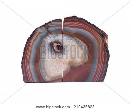 Pair of polished multicolor agate geode bookends isolated on white background