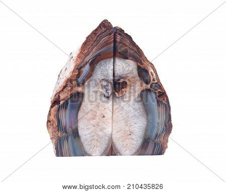 Pair of polished multicolor agate geode bookends isolated on white background