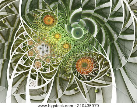 Spiral mosaic fractal pattern. Floral mosaic stain glass composition in green tone