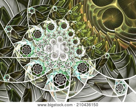 Spiral mosaic fractal pattern. Floral mosaic stain glass composition in green and grey tone