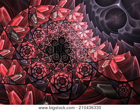 Spiral mosaic fractal pattern. Floral mosaic stain glass composition in red and grey tone