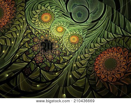 Spiral mosaic fractal pattern. Floral mosaic stain glass composition in green tone