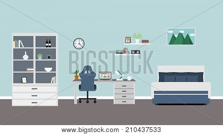 Young teenager room interior design with bed computer table and whiteboard studyspace realistic side view image vector illustration