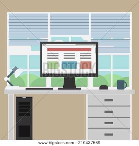 Modern workspace with window on white background.