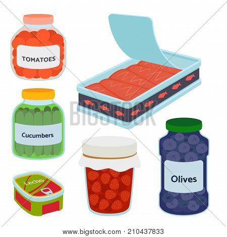 Collection of various tins canned goods food metal container grocery store and product storage aluminum flat label conserve vector illustration. Meal steel cylinder nutrition.