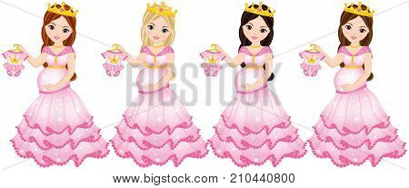 Vector beautiful pregnant women dressed as princesses. Vector pregnant women with various hair colors. Vector pregnant woman expecting little princess. Pregnant women vector illustration