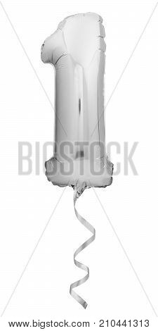 Silver chrome number 1 made of inflatable balloon with silver ribbon isolated on white background