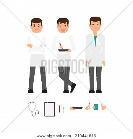 Male doctor in white medical gown creation set with different arm positions, gestures and tools, flat vector illustration on white background. Doctor man in white coat, front view portrait constructor