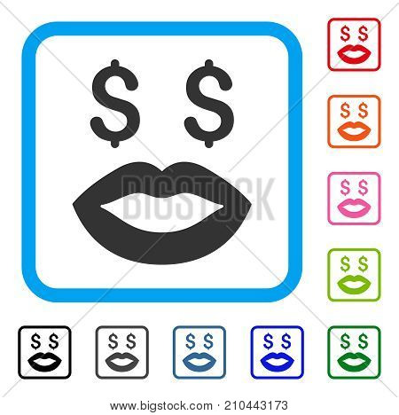 Prostitution Smiley icon. Flat gray iconic symbol in a light blue rounded frame. Black, gray, green, blue, red, orange color additional versions of Prostitution Smiley vector.