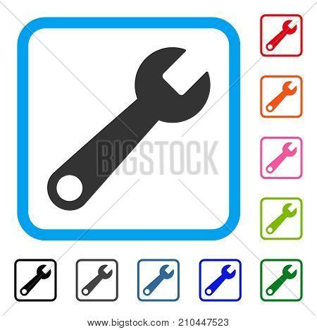 Wrench icon. Flat gray iconic symbol inside a light blue rounded rectangular frame. Black, gray, green, blue, red, orange color variants of Wrench vector. Designed for web and application interfaces.