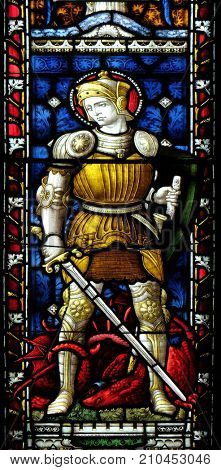 ROME, ITALY - SEPTEMBER 02: Saint George on the stained glass of All Saints' Anglican Church, Rome, Italy on September 02, 2016.
