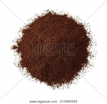 Top view of roast ground coffee isolated on white