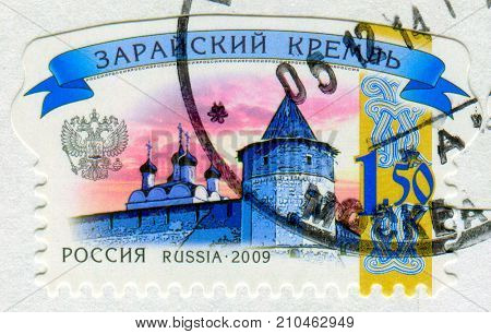 GOMEL, BELARUS, 13 OCTOBER 2017, Stamp printed in Russia shows image of the Zaraisk kremlin, circa 2009.