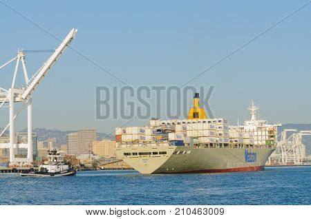 Alameda, CA - March 9, 2015: Oakland Container Shipyard, San Francisco Bay the Matson container ship 