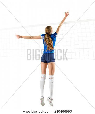Young woman volleyball player isolated (ver with net)