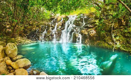 Scenic Cascade Vacoas waterfall. Mauritius island. Panorama