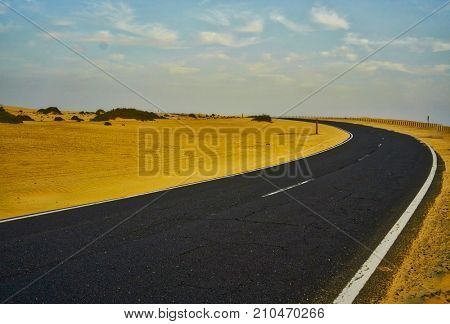 Fuertaventura road. Typical landscape of Fuerteventura island