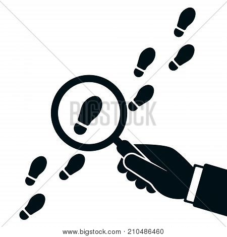 Following footsteps vector illustration. Hand holding magnifying glass above footprint flat illustration. Detective inspecting.