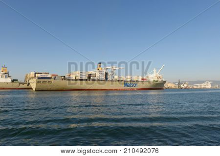 Alameda, CA - March 9, 2015: Oakland Oakland Container Shipyard, San Francisco Bay, the MATSON ship 