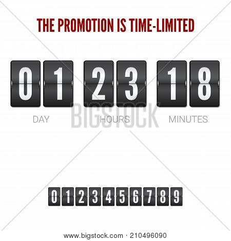 Analog ounter remaining time, flip clock timer. Mechanical clock for countdown isolated on white background. Template of flip countdown timer, clock counter. Set of numbers for timer, 3D illustration