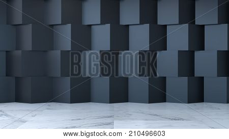 Modern room interior design empty room marble floor and black square wall 3d render
