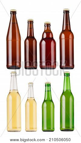 Collection different types and colors beer bottles isolated mock up. Template for advertising design branding identity.