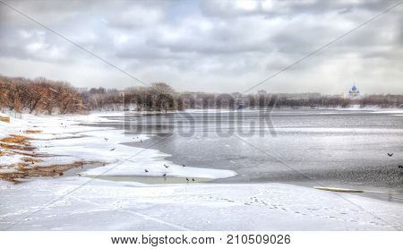 Early spring. Moskva river in the city Moscow