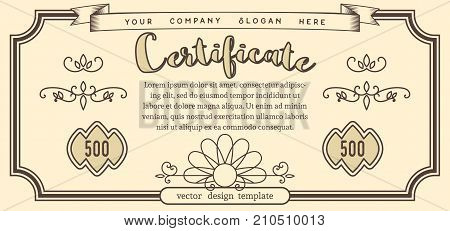 Certificate or coupon decorative design. Vector template in retro vintage style