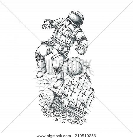 Tattoo style illustration of an astronaut tethered to a caravel galleon sailing ship on high sea with moon in background.