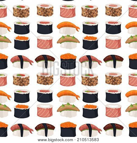Sushi rolls set sashimi seafood fish rice japanese food fresh soy sauce japan meal maki raw shrimp restaurant traditional asian cuisine vector illustration. Seamless pattern background appetizer.