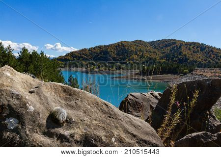 Rocks And Vegetation At Aoos Artificial Lake In Epirus, Greece