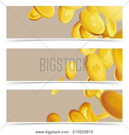 Golden fortune flying coins over light brown background header set. Million dollar lottery jackpot easy money rain over light background flyer collection. Vector illustration